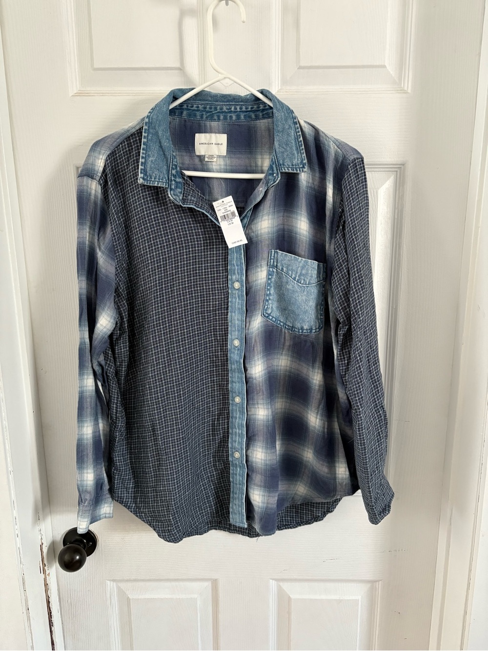 American Eagle Outfitters Blue Patchwork Plaid Button-Down Shirt